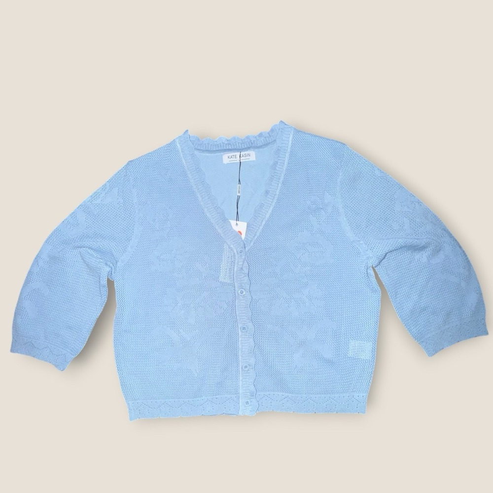 Kate Kasin Blue Knit Cardigan Sweater Womens L Button Front Cropped NWT - Picture 2 of 7
